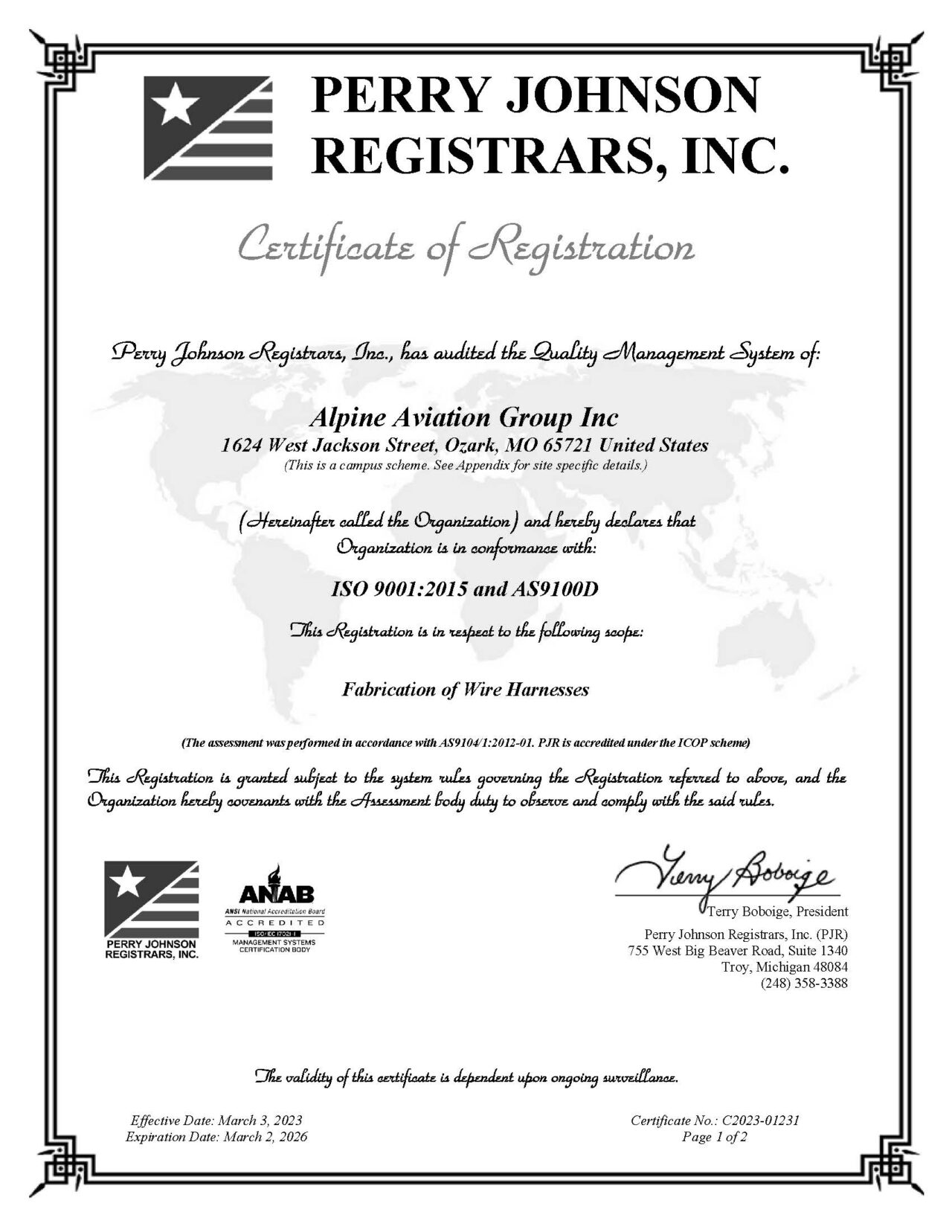 Registration Certificates Alpine Aviation Group